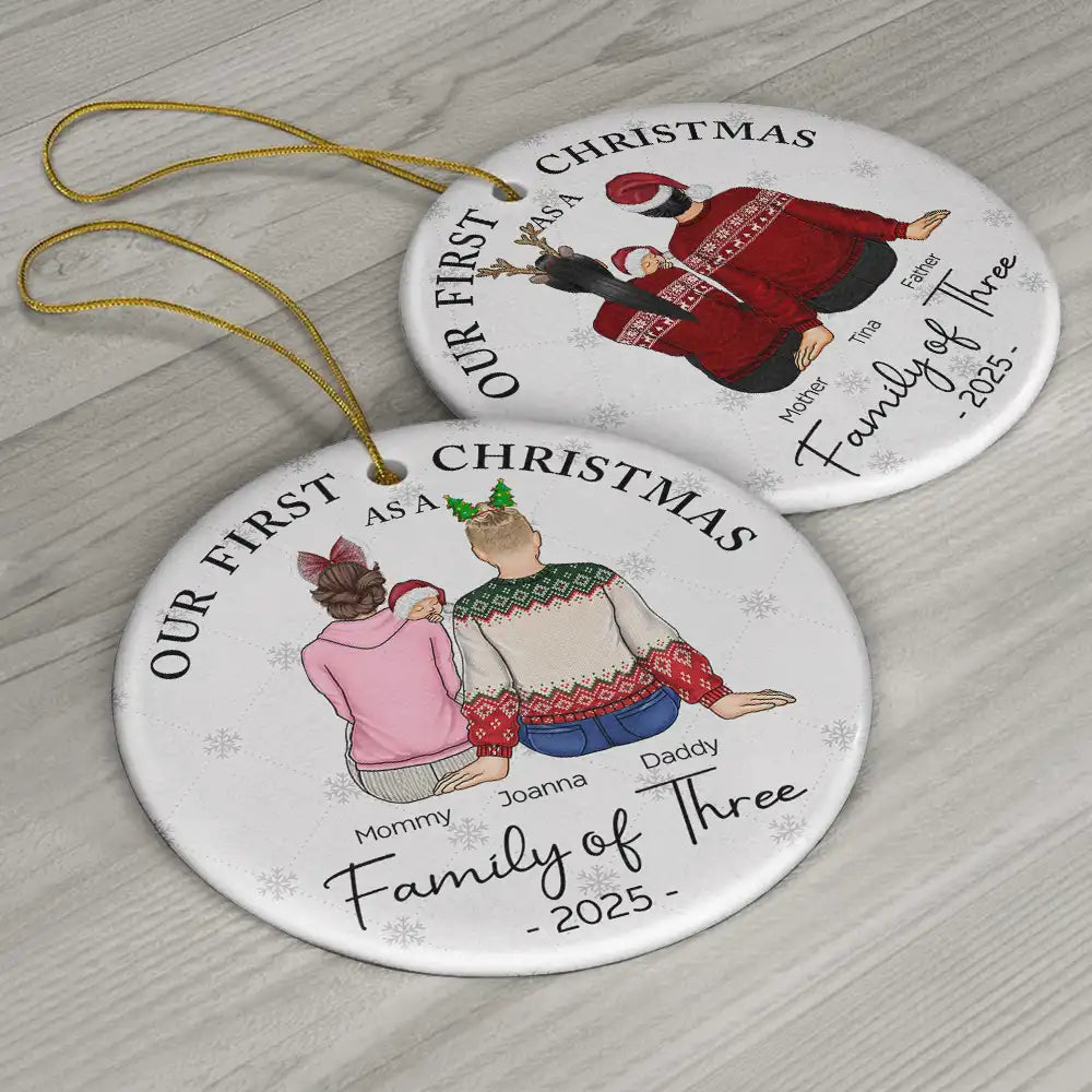 First Christmas As A Family Of Three New Parents - Personalized Circle Ceramic Ornament