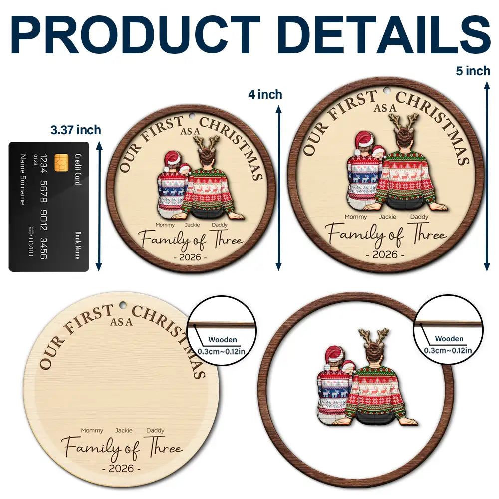 First Christmas As A Family Of Three New Parents - Personalized 2-Layered Wooden Ornament