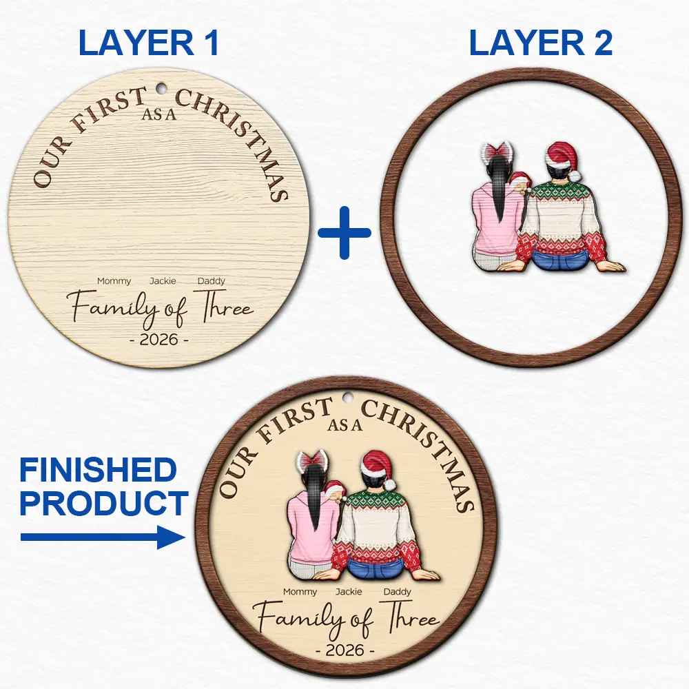 First Christmas As A Family Of Three New Parents - Personalized 2-Layered Wooden Ornament