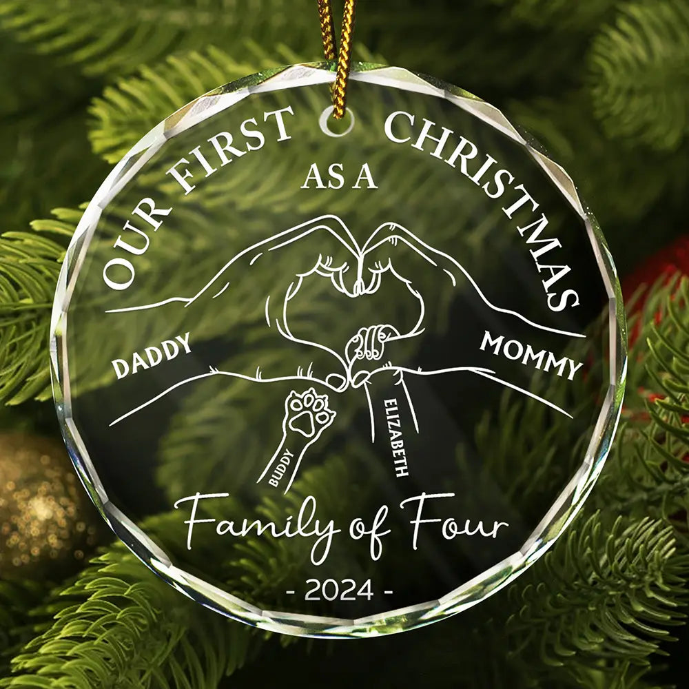Family - First Christmas As A Family Of Four Holding Hands - Personalized Circle Glass Ornament