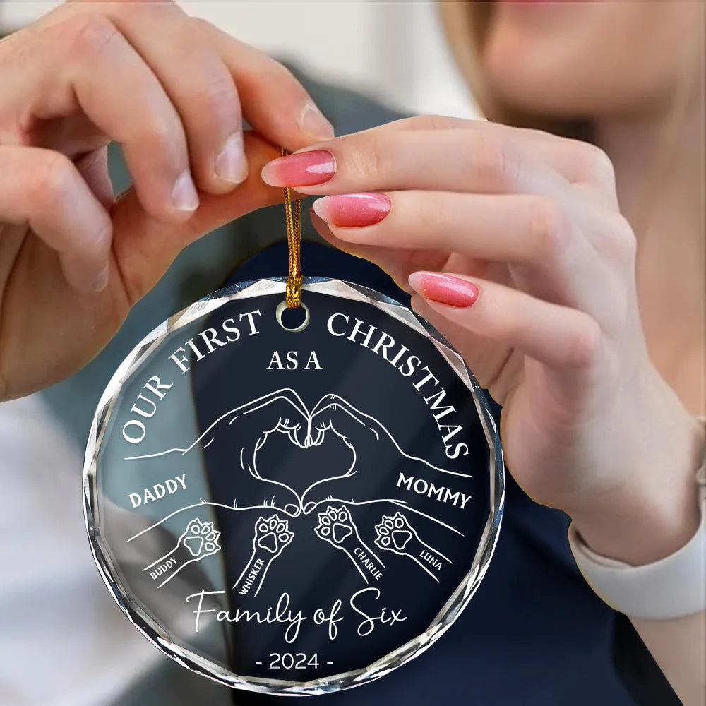 Family - First Christmas As A Family Of Four Holding Hands - Personalized Circle Glass Ornament