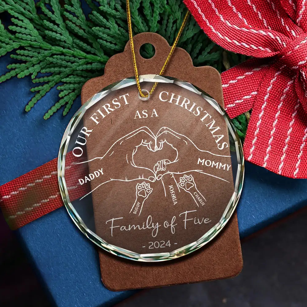 Family - First Christmas As A Family Of Four Holding Hands - Personalized Circle Glass Ornament