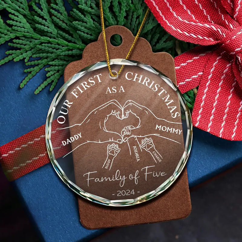 Family - First Christmas As A Family Of Four Holding Hands - Personalized Circle Glass Ornament