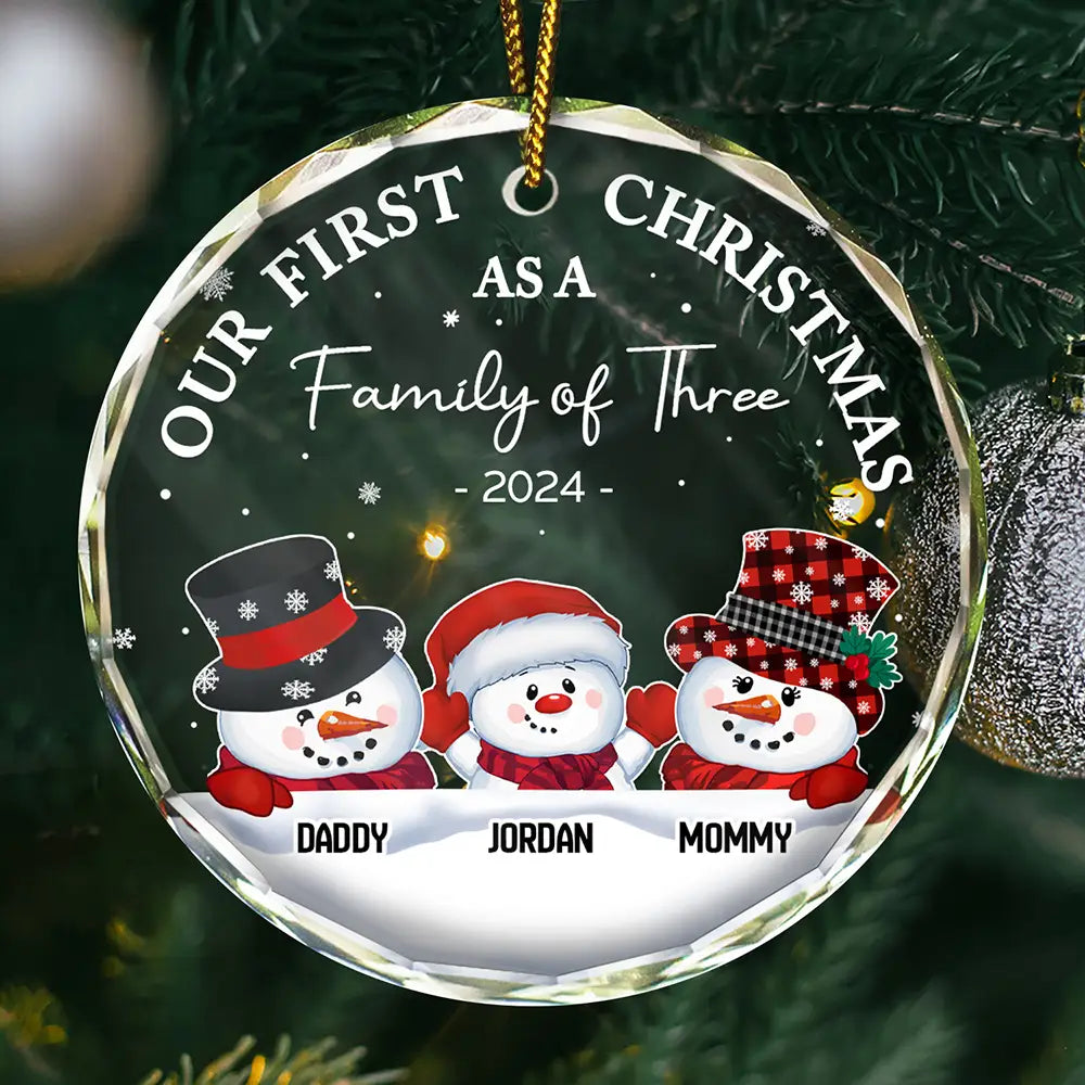 Christmas,Happy,Family,Parents - First Christmas As A Family Of Three Snowman - Personalized Circle Glass Ornament
