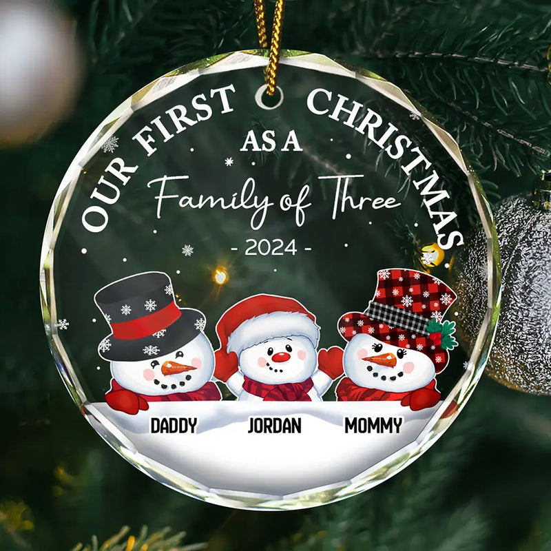 Christmas,Happy,Family,Parents - First Christmas As A Family Of Three Snowman - Personalized Circle Glass Ornament