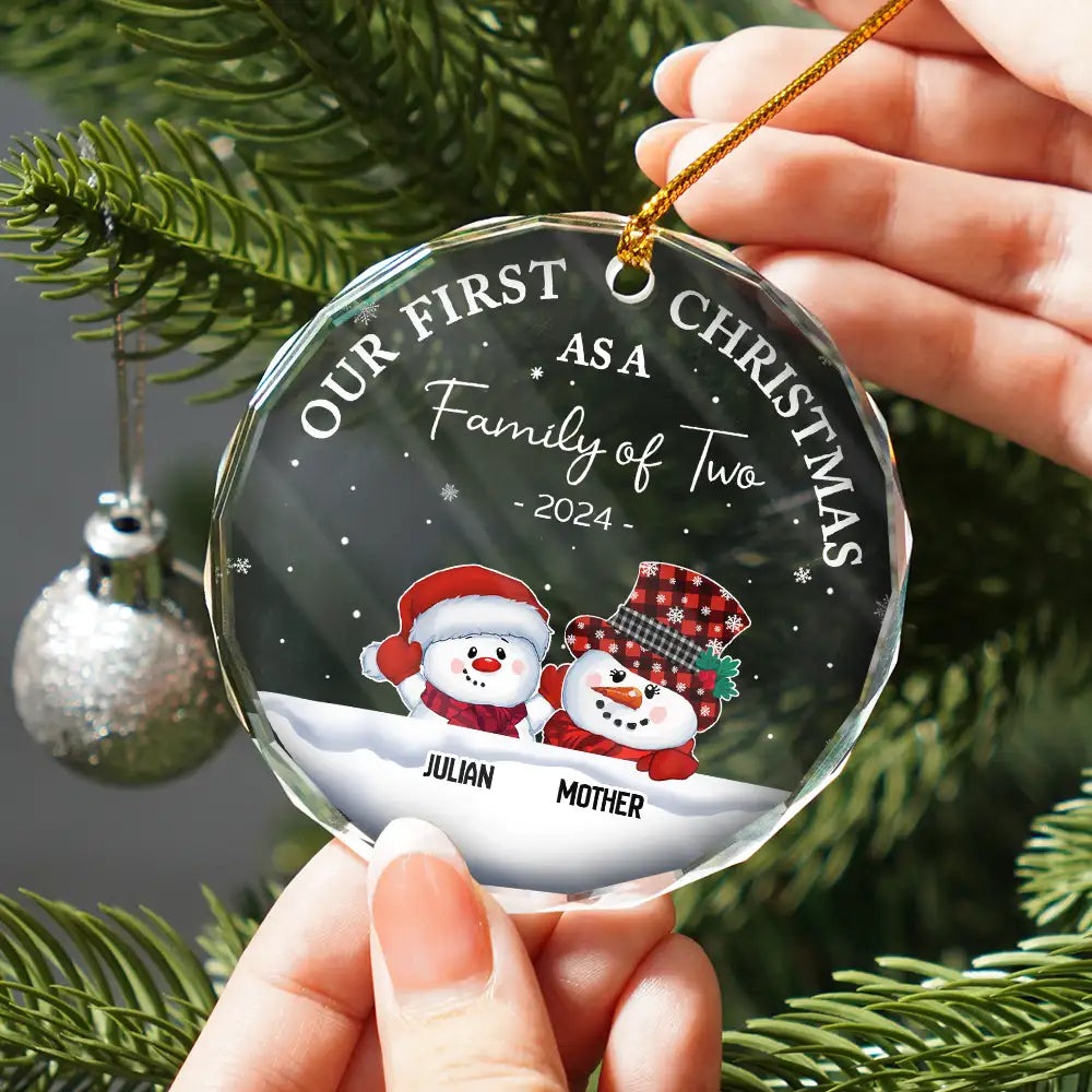 Christmas,Happy,Family,Parents - First Christmas As A Family Of Three Snowman - Personalized Circle Glass Ornament