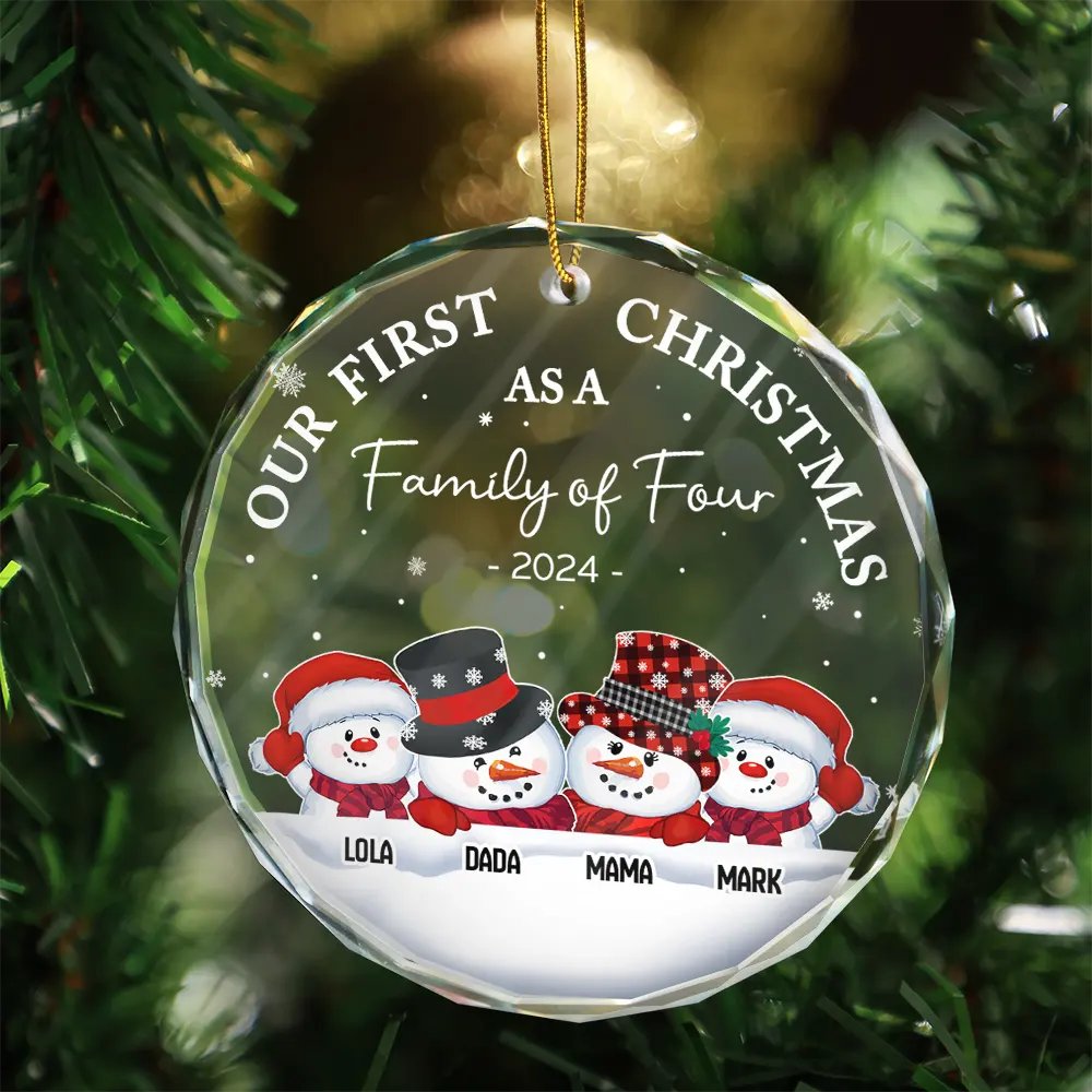 Christmas,Happy,Family,Parents - First Christmas As A Family Of Three Snowman - Personalized Circle Glass Ornament