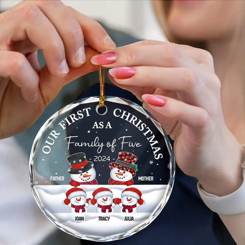 Christmas,Happy,Family,Parents - First Christmas As A Family Of Three Snowman - Personalized Circle Glass Ornament