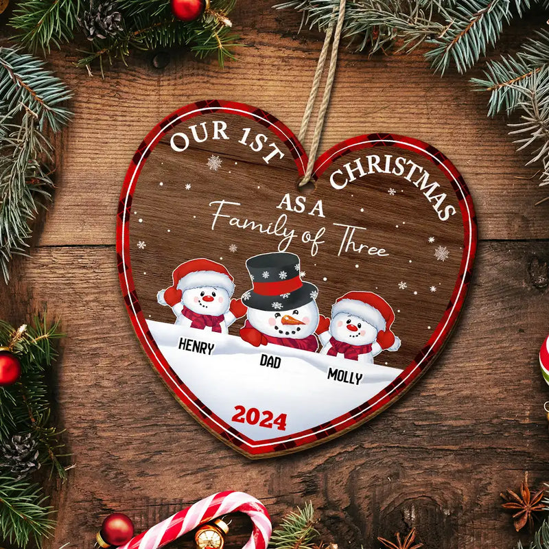 Christmas,Happy,Family,Parents - First Christmas As A Family Of Three Snowman - Personalized Custom Shaped Wooden Ornament