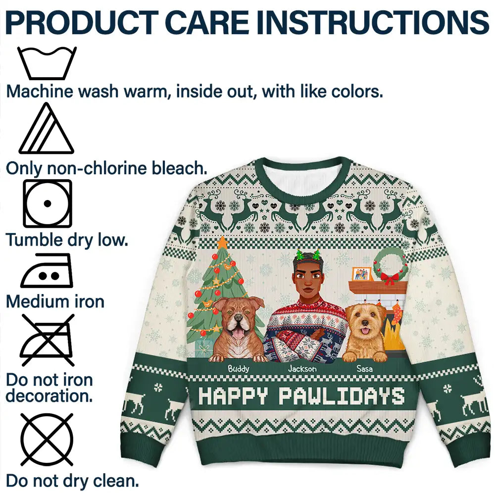 Pet Lovers, Cat Lovers, Dog Lovers - Happy Pawlidays Dog And Cat Lover Flat Art - Personalized Unisex Ugly Sweater