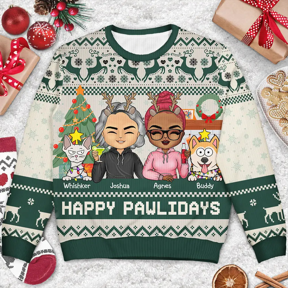Couple, Pet Lovers - Happy Pawlidays Dog And Cat Couple Chibi - Personalized Unisex Ugly Sweater