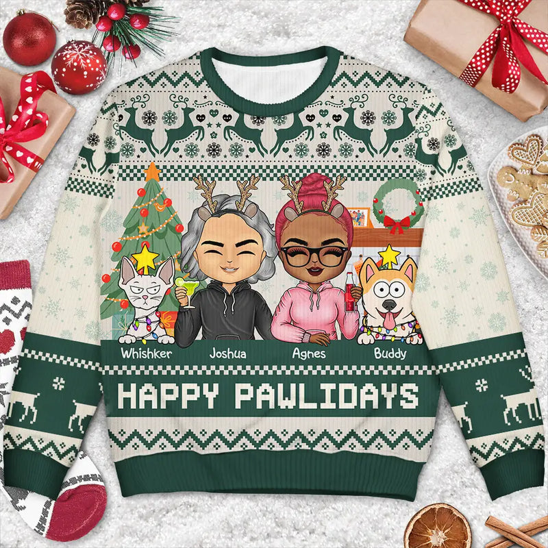 Couple, Pet Lovers - Happy Pawlidays Dog And Cat Couple Chibi - Personalized Unisex Ugly Sweater