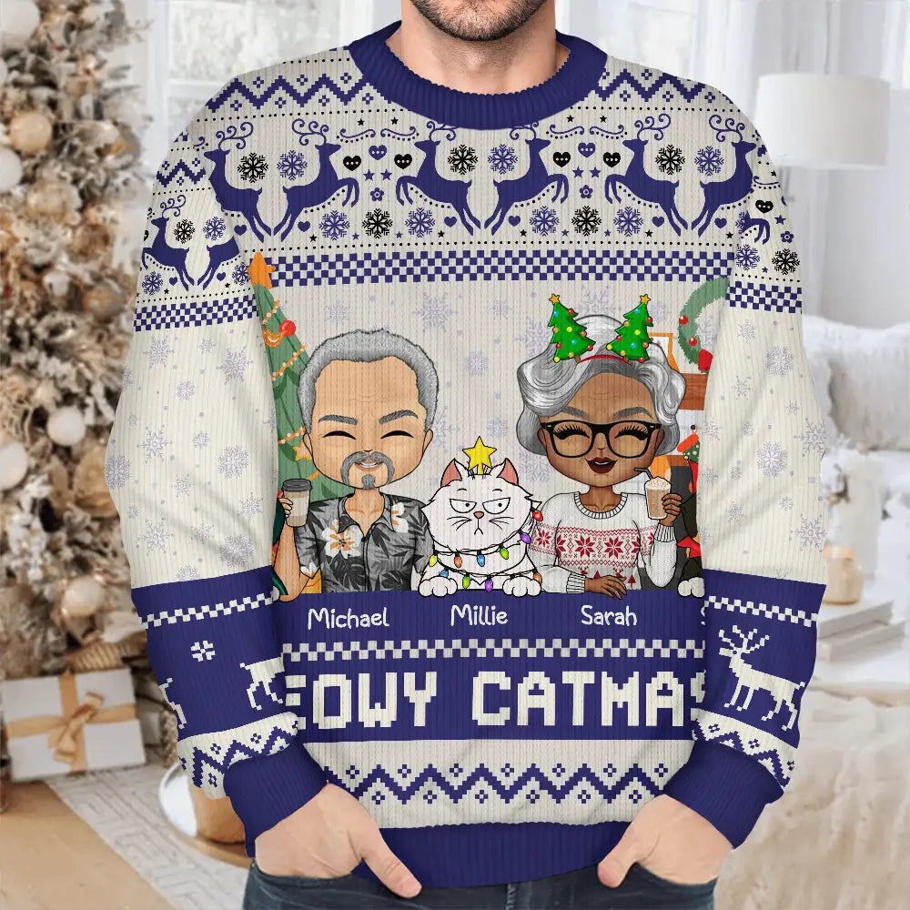 Couple, Pet Lovers - Happy Pawlidays Dog And Cat Couple Chibi - Personalized Unisex Ugly Sweater