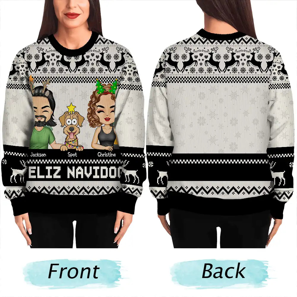 Couple, Pet Lovers - Happy Pawlidays Dog And Cat Couple Chibi - Personalized Unisex Ugly Sweater