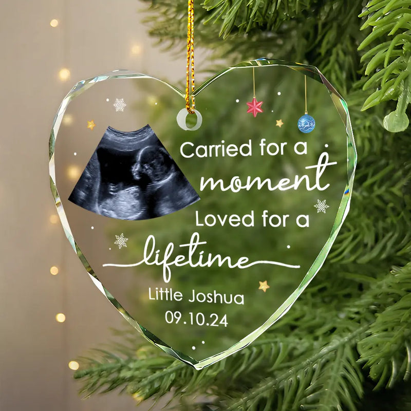 Family, Parents, Memorial, New baby - Custom Photo Carried For A Moment Infant Loss Baby Memorial - Personalized Heart Shaped Glass Ornament
