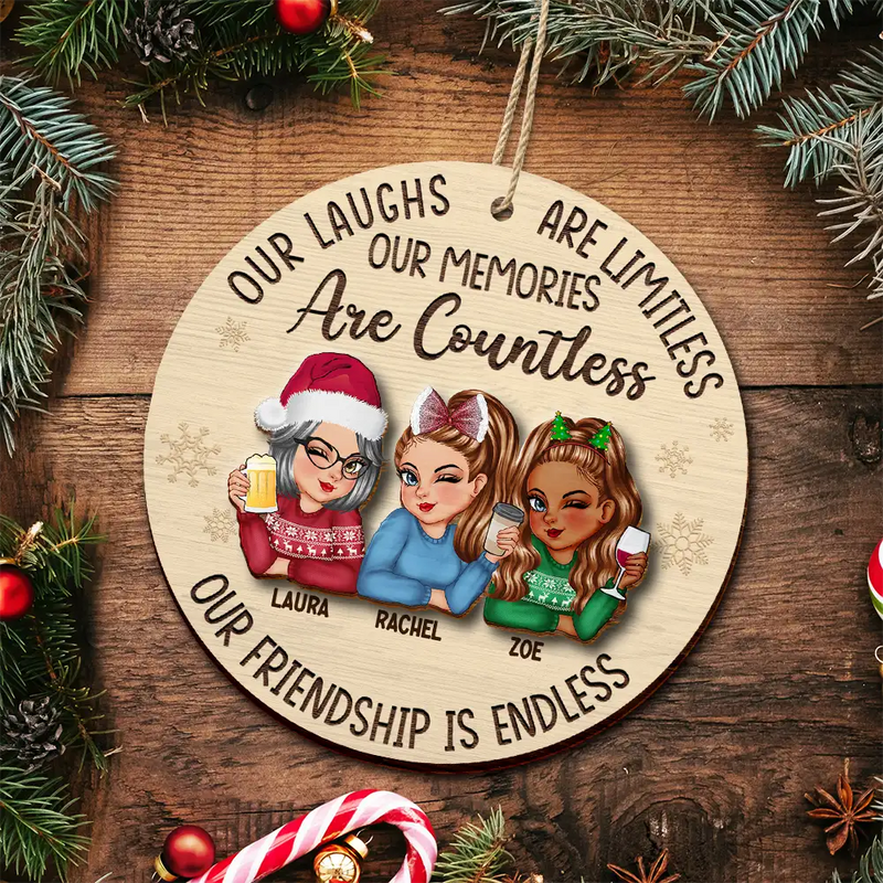 Gift For Bestie, Gifts For Colleagues - Besties Our Laughs Are Limitless Christmas - Personalized 2-Layered Wooden Ornament