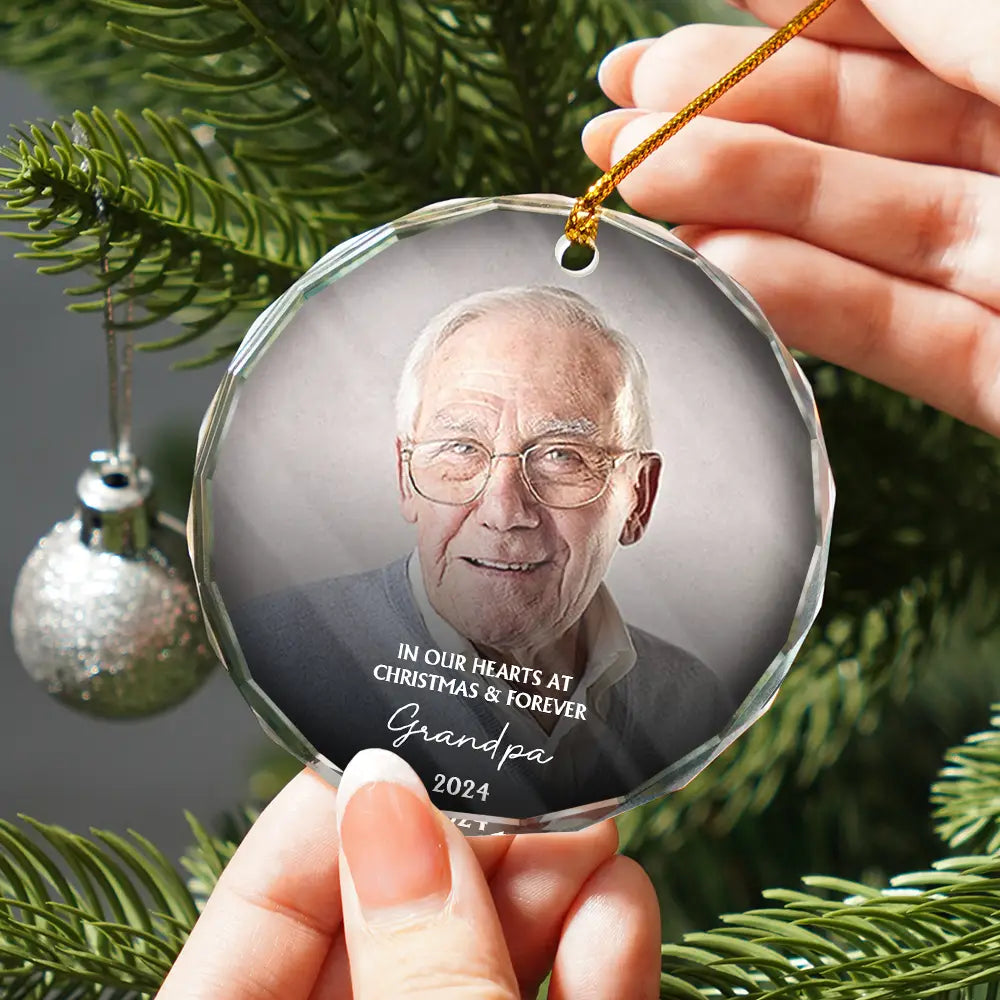 Family,Parents,Gift For Grandparents,Gift For Sibling - Custom Photo Memorial In Our Hearts At Christmas And Forever - Personalized Glass Ornament