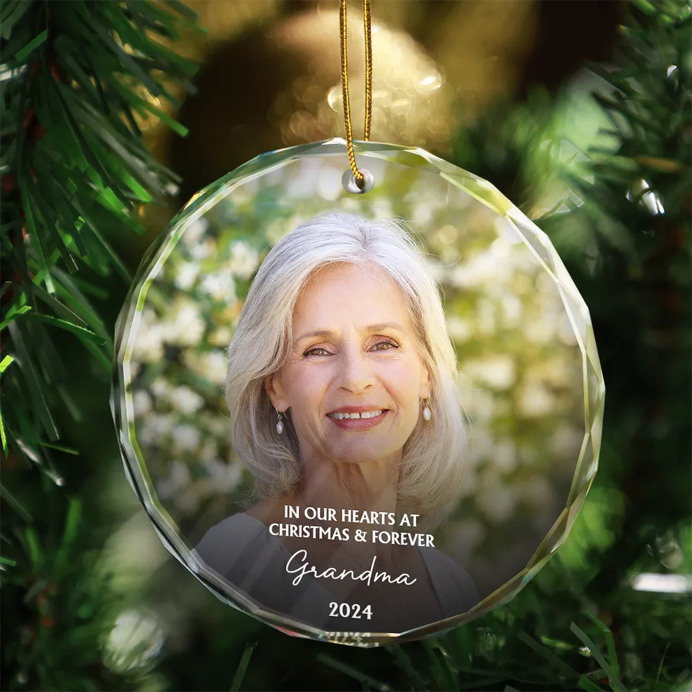 Family,Parents,Gift For Grandparents,Gift For Sibling - Custom Photo Memorial In Our Hearts At Christmas And Forever - Personalized Glass Ornament