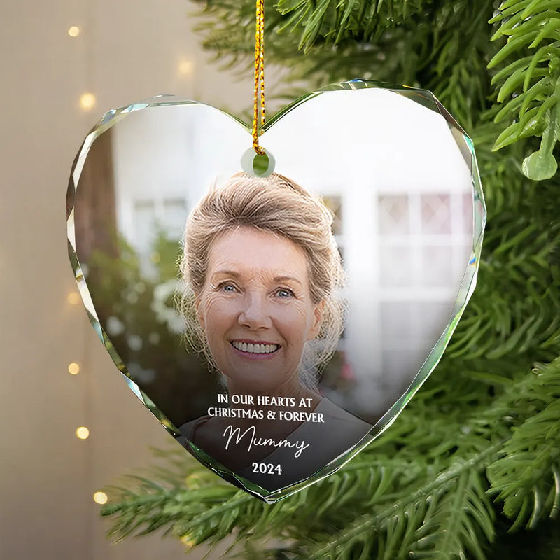 Family,Parents,Gift For Grandparents,Gift For Sibling - Custom Photo Memorial In Our Hearts At Christmas And Forever - Personalized Glass Ornament