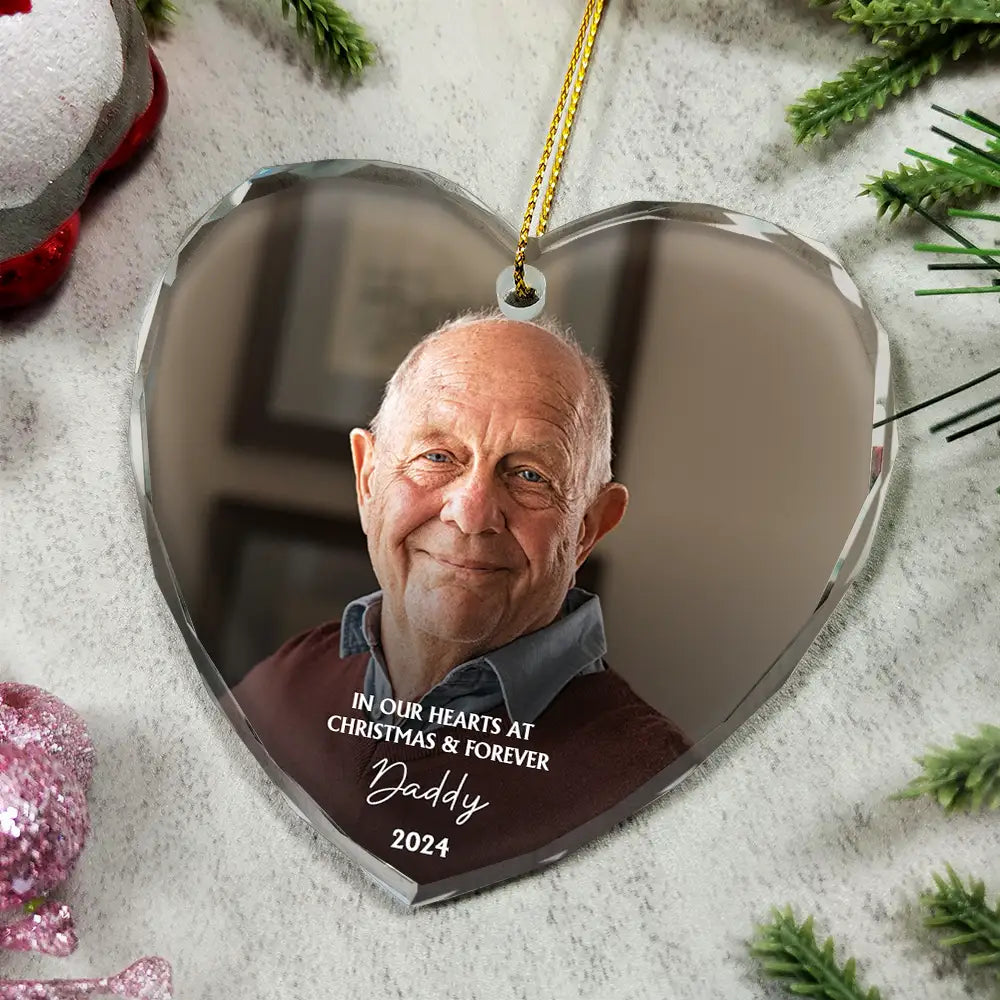 Family,Parents,Gift For Grandparents,Gift For Sibling - Custom Photo Memorial In Our Hearts At Christmas And Forever - Personalized Glass Ornament