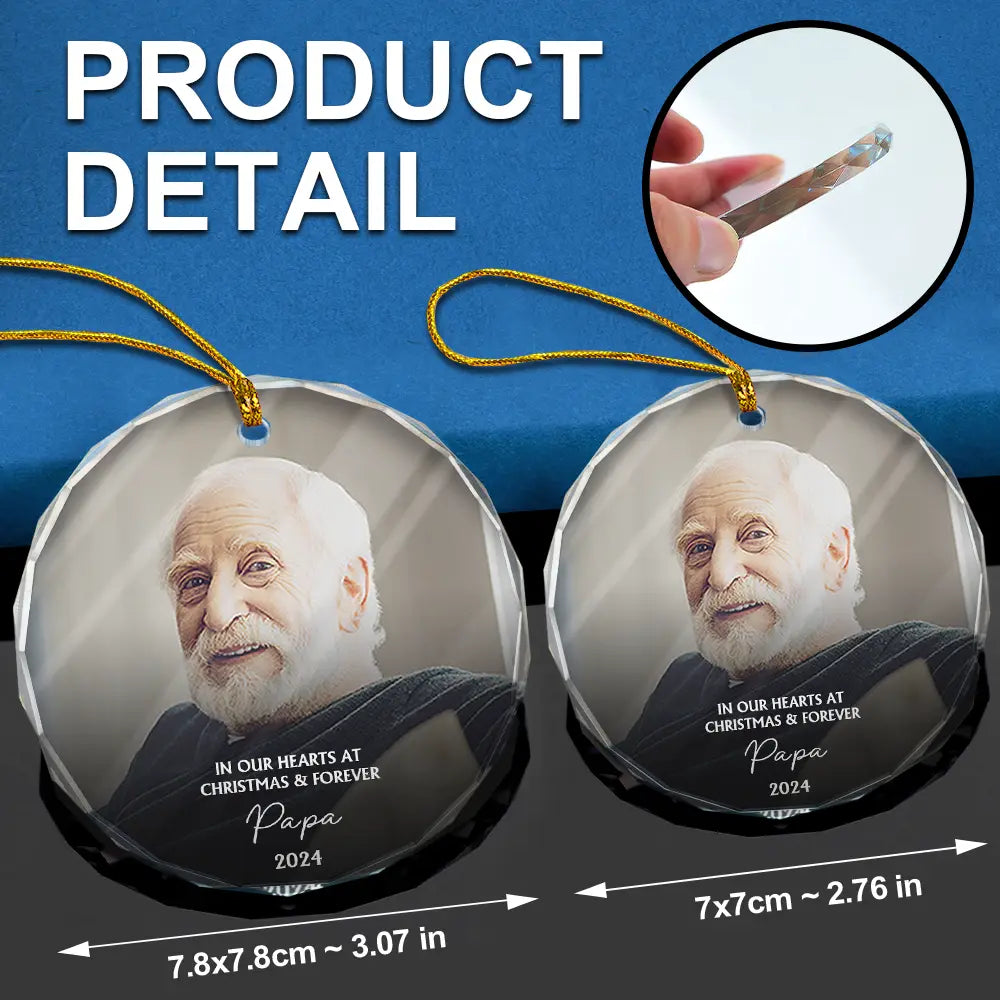 Family,Parents,Gift For Grandparents,Gift For Sibling - Custom Photo Memorial In Our Hearts At Christmas And Forever - Personalized Glass Ornament