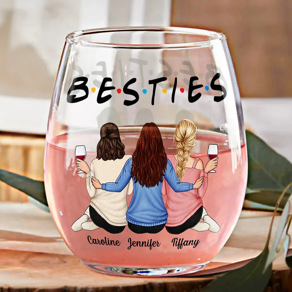 Besties Sisters Friends - Personalized Stemless Wine Glass