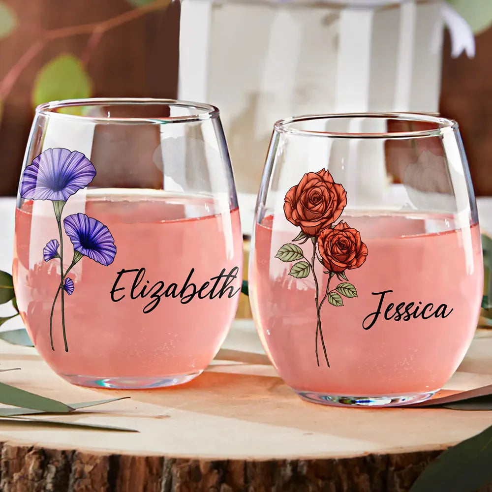 Birth Flowers Bloom Where You're Planted - Personalized Stemless Wine Glass