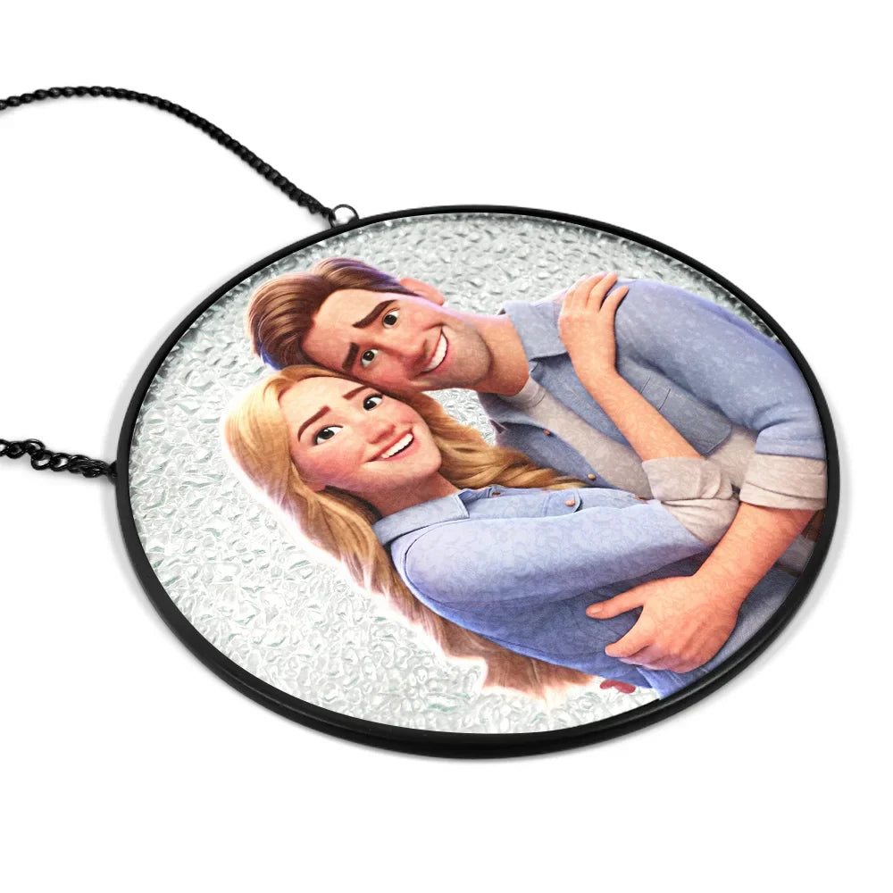 Love,Gift For Husband,Gift For Wife,Gift For Boyfriend,Gift For Girlfriend,Gift For Couples - Custom Photo Cartoon Portrait Loving Couple - Personalized Stained Glass Window Hanging Suncatcher