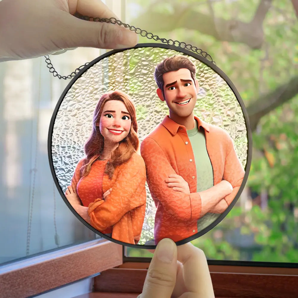 Love,Gift For Husband,Gift For Wife,Gift For Boyfriend,Gift For Girlfriend,Gift For Couples - Custom Photo Cartoon Portrait Loving Couple - Personalized Stained Glass Window Hanging Suncatcher