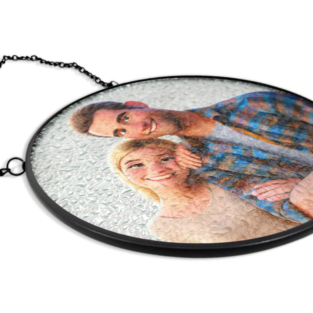 Love,Gift For Husband,Gift For Wife,Gift For Boyfriend,Gift For Girlfriend,Gift For Couples - Custom Photo Cartoon Portrait Loving Couple - Personalized Stained Glass Window Hanging Suncatcher