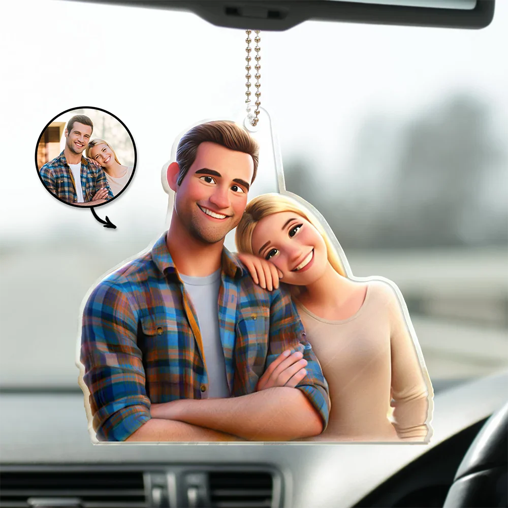 Love,Gift For Husband,Gift For Wife,Gift For Boyfriend,Gift For Girlfriend,Gift For Couples - Custom Photo Cartoon Portrait Loving Couple - Personalized Acrylic Car Hanger
