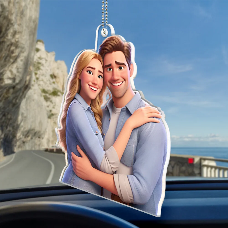 Love,Gift For Husband,Gift For Wife,Gift For Boyfriend,Gift For Girlfriend,Gift For Couples - Custom Photo Cartoon Portrait Loving Couple - Personalized Acrylic Car Hanger
