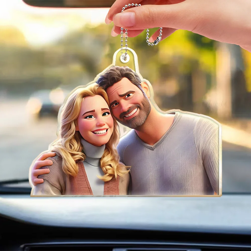 Love,Gift For Husband,Gift For Wife,Gift For Boyfriend,Gift For Girlfriend,Gift For Couples - Custom Photo Cartoon Portrait Loving Couple - Personalized Acrylic Car Hanger
