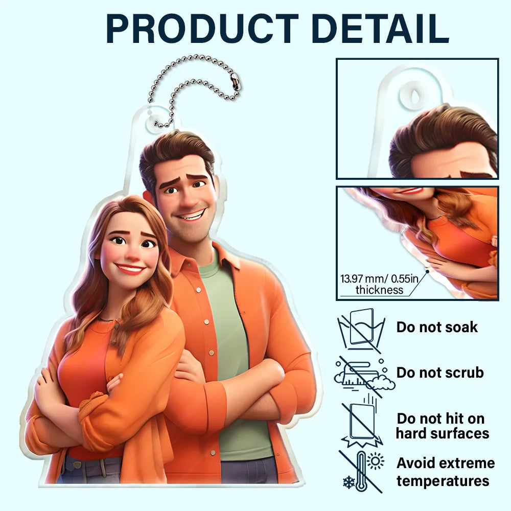 Love,Gift For Husband,Gift For Wife,Gift For Boyfriend,Gift For Girlfriend,Gift For Couples - Custom Photo Cartoon Portrait Loving Couple - Personalized Acrylic Car Hanger
