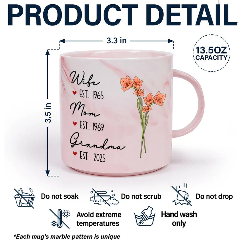 Gift For Grandma, Love, Gift For Mother, Gift For Wife - Mom Grandma Great Grandma Birth Flower - Personalized Marble Mug