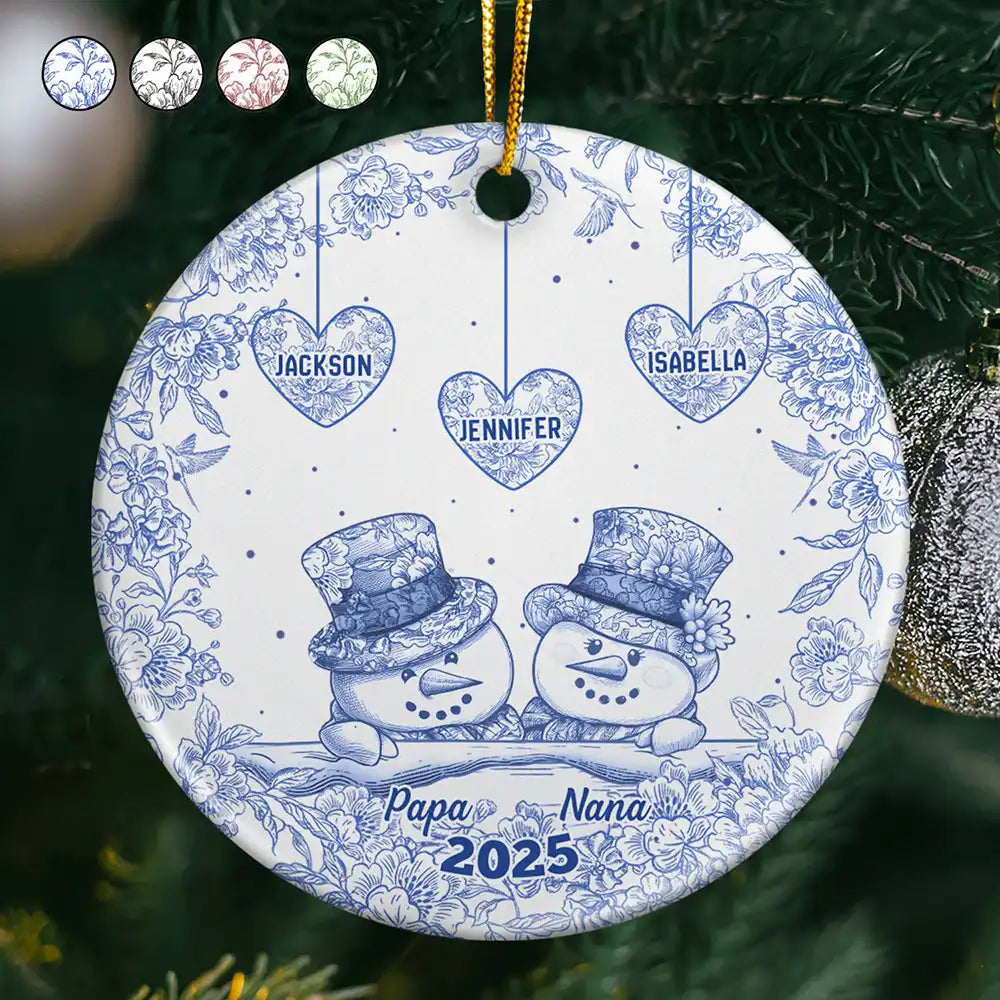 Happy,Christmas,Parents,Gift For Grandparents - Papa Nana Snowman Christmas Grandparents Toile - Personalized Circle Ceramic Ornament