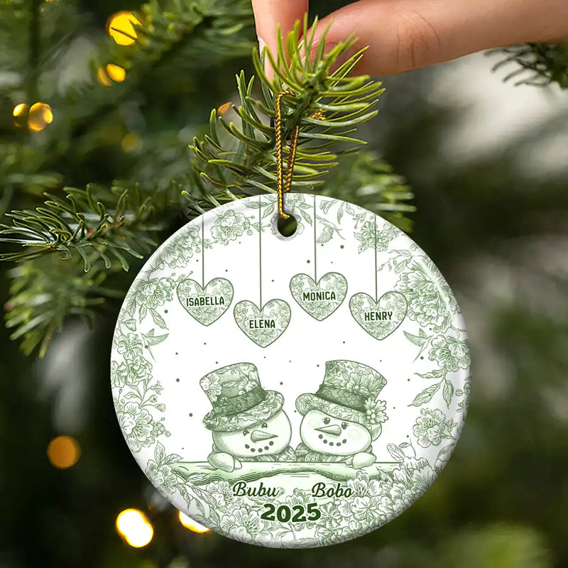 Happy,Christmas,Parents,Gift For Grandparents - Papa Nana Snowman Christmas Grandparents Toile - Personalized Circle Ceramic Ornament