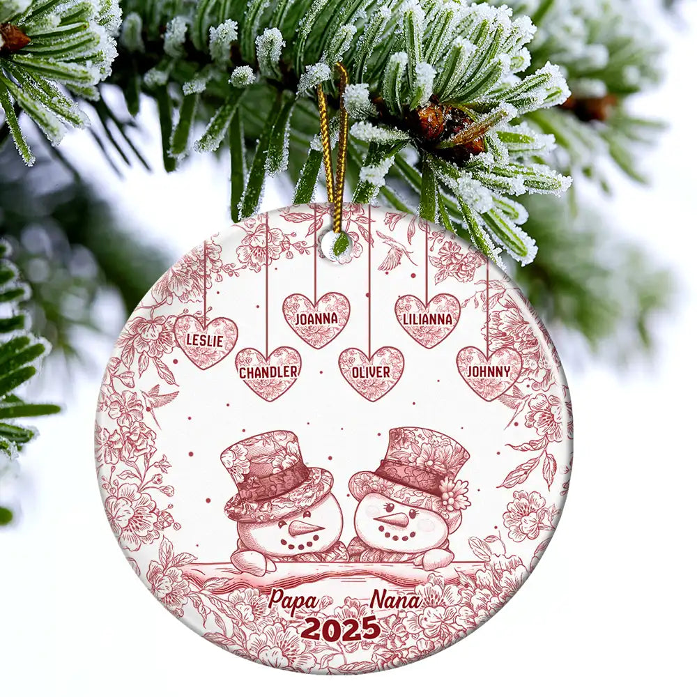 Happy,Christmas,Parents,Gift For Grandparents - Papa Nana Snowman Christmas Grandparents Toile - Personalized Circle Ceramic Ornament