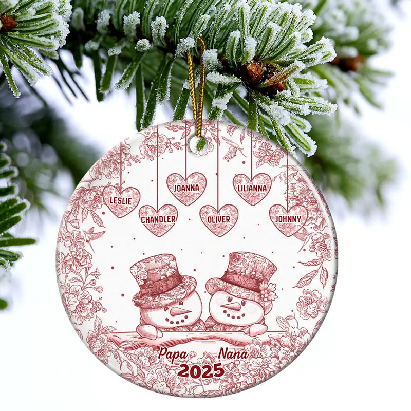 Happy,Christmas,Parents,Gift For Grandparents - Papa Nana Snowman Christmas Grandparents Toile - Personalized Circle Ceramic Ornament