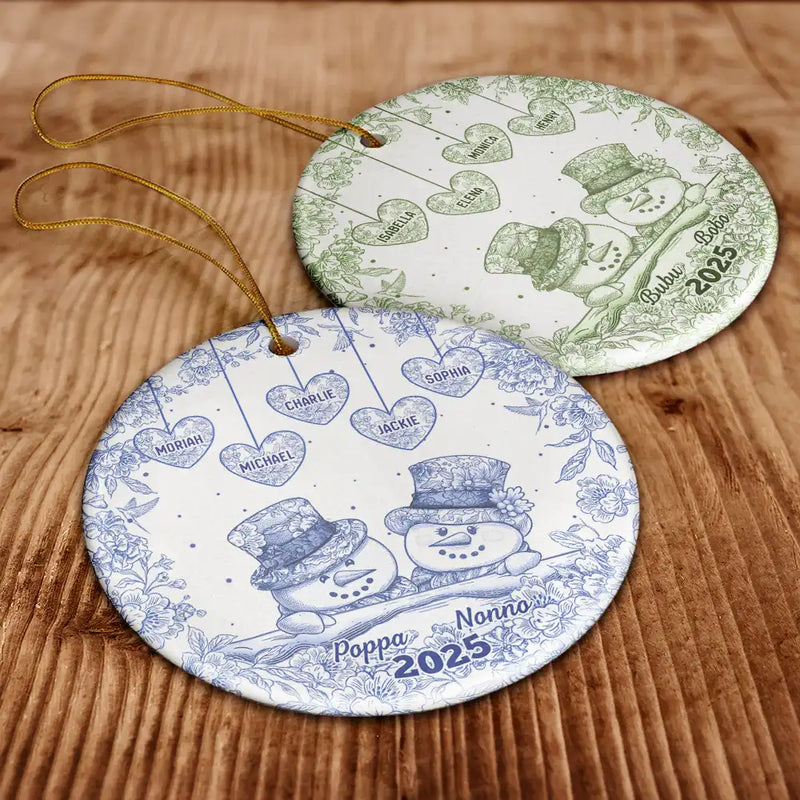 Happy,Christmas,Parents,Gift For Grandparents - Papa Nana Snowman Christmas Grandparents Toile - Personalized Circle Ceramic Ornament