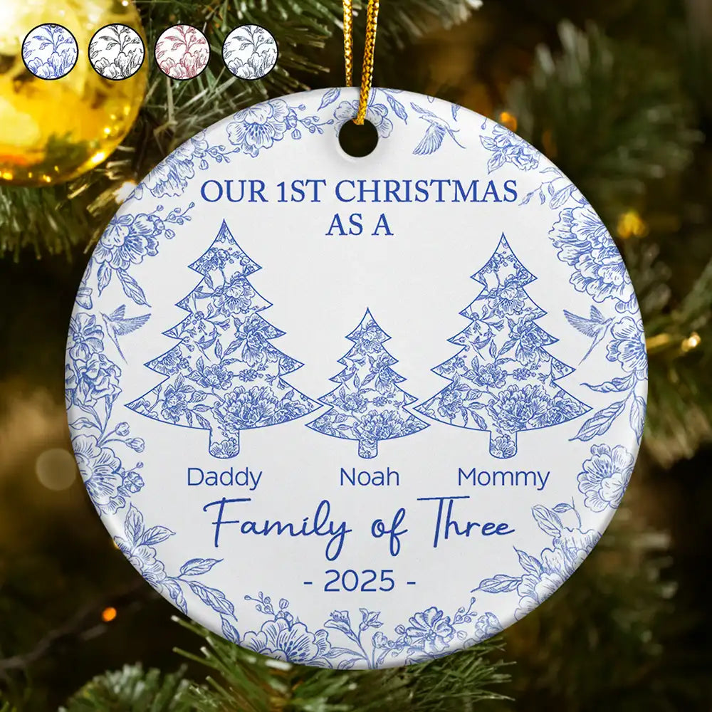 Christmas,Family,Parents,Happy,New Dad,New Mom,New baby - First Christmas As A Family Of Three Toile - Personalized Circle Ceramic Ornament