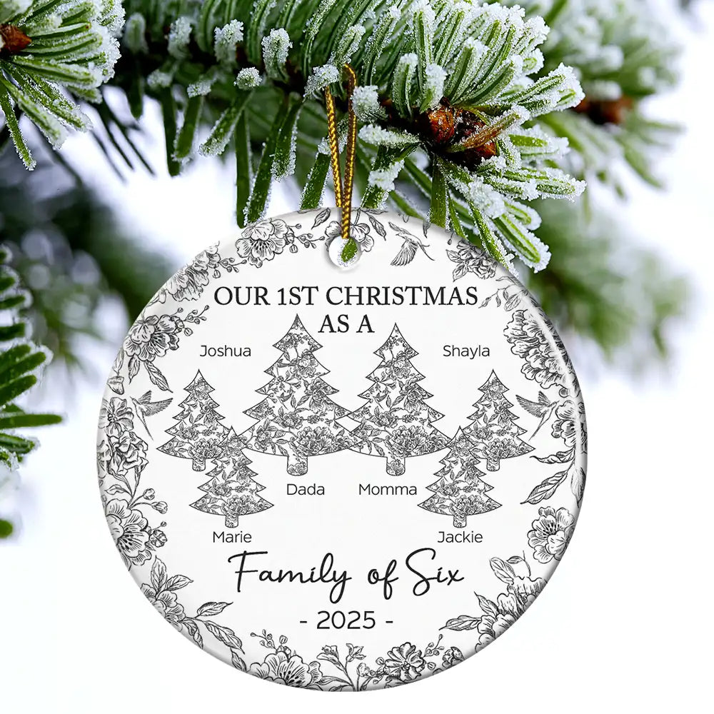 Christmas,Family,Parents,Happy,New Dad,New Mom,New baby - First Christmas As A Family Of Three Toile - Personalized Circle Ceramic Ornament