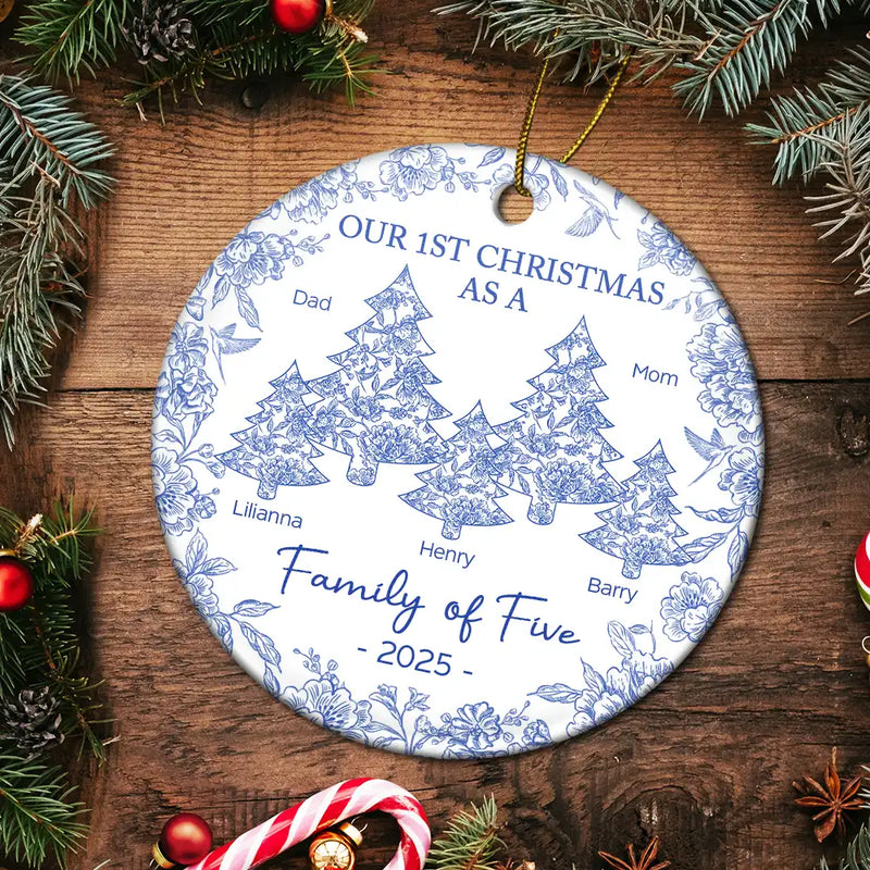 Christmas,Family,Parents,Happy,New Dad,New Mom,New baby - First Christmas As A Family Of Three Toile - Personalized Circle Ceramic Ornament