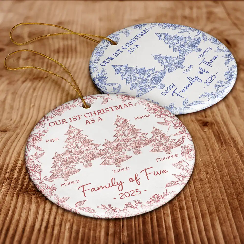 Christmas,Family,Parents,Happy,New Dad,New Mom,New baby - First Christmas As A Family Of Three Toile - Personalized Circle Ceramic Ornament