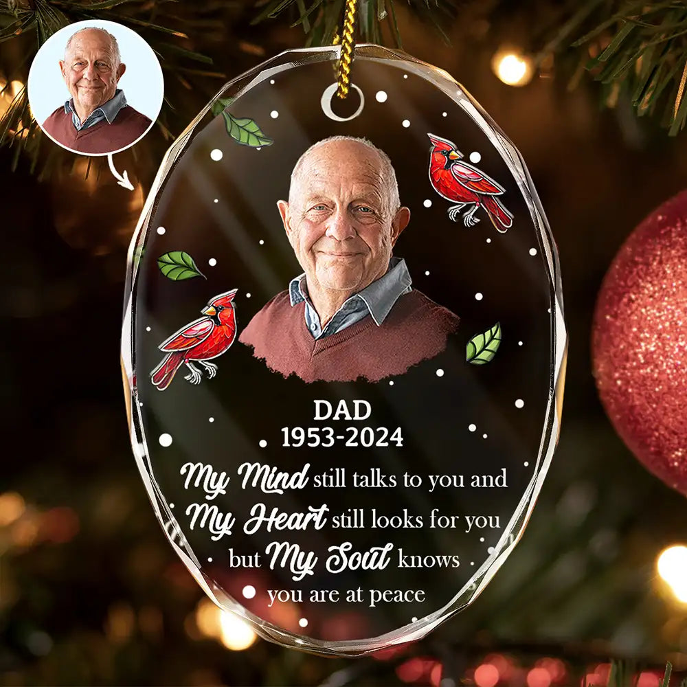 Custom Photo Memorial My Mind Still Talks To You - Personalized Oval Glass Ornament