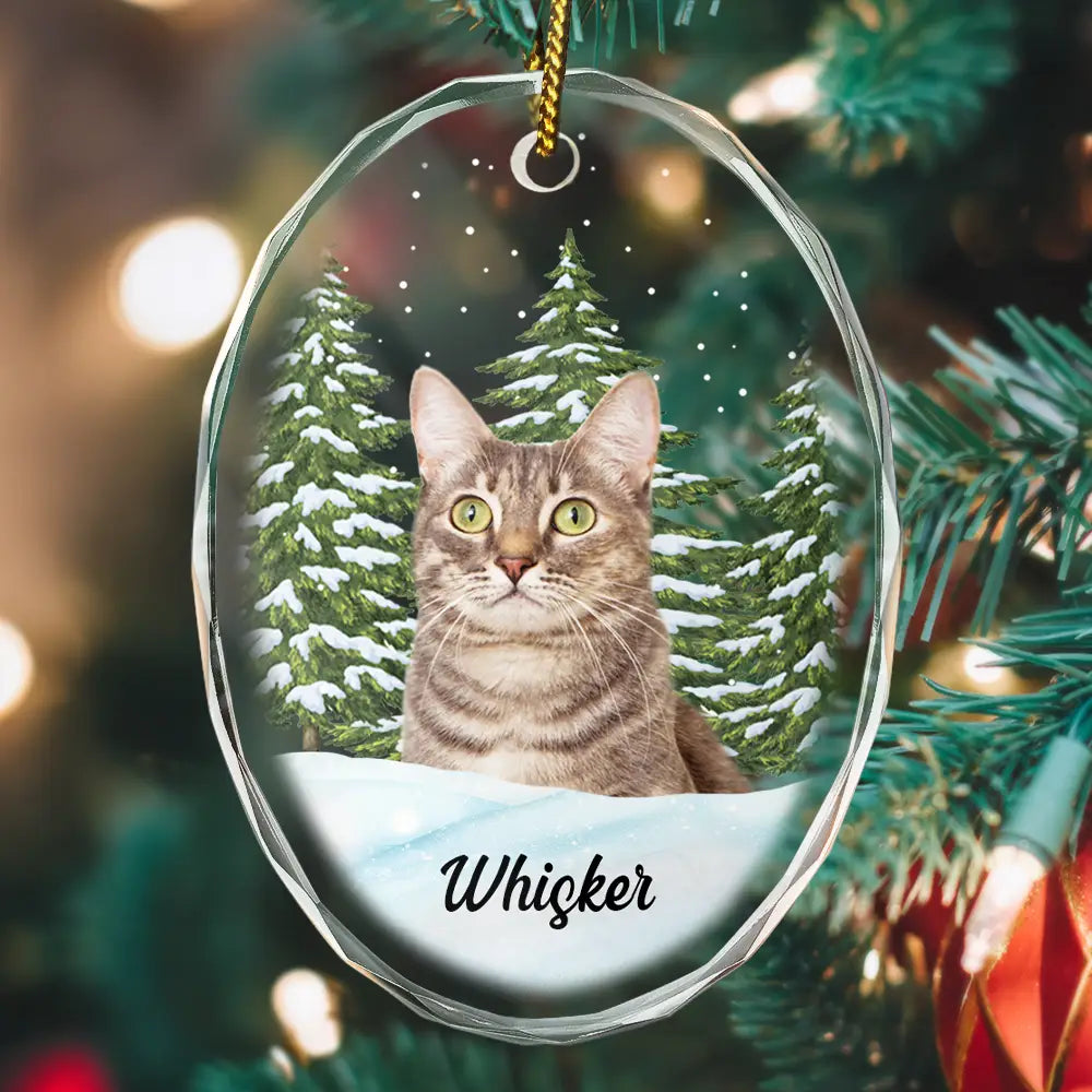 Love,Christmas,Pet Lovers,Dog Lovers,Cat Lovers - Custom Photo Pet Face Dog Cat Memorial - Personalized Oval Glass Ornament