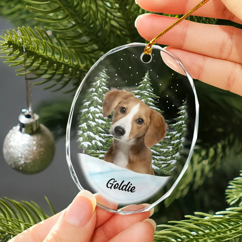 Love,Christmas,Pet Lovers,Dog Lovers,Cat Lovers - Custom Photo Pet Face Dog Cat Memorial - Personalized Oval Glass Ornament