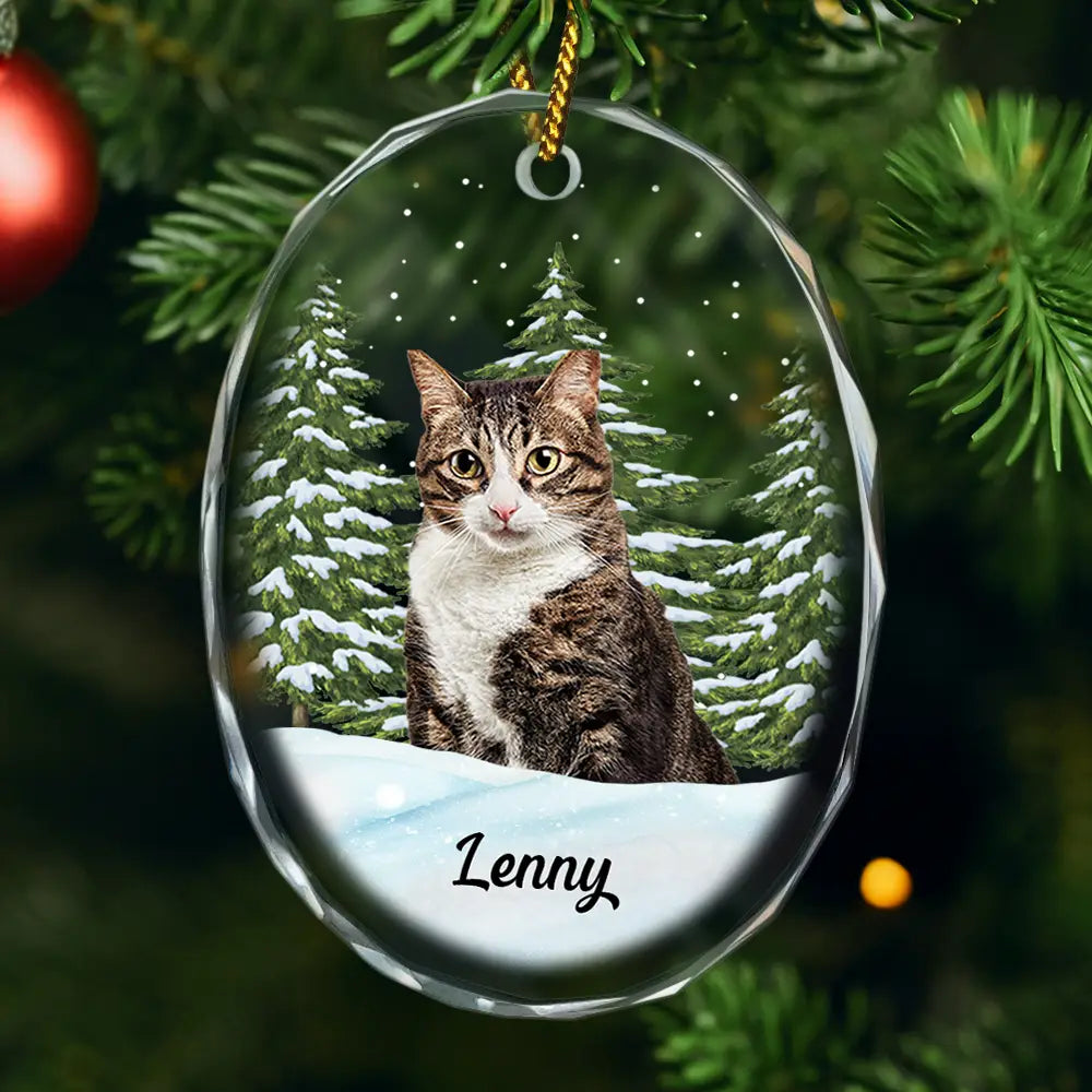 Love,Christmas,Pet Lovers,Dog Lovers,Cat Lovers - Custom Photo Pet Face Dog Cat Memorial - Personalized Oval Glass Ornament