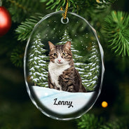 Love,Christmas,Pet Lovers,Dog Lovers,Cat Lovers - Custom Photo Pet Face Dog Cat Memorial - Personalized Oval Glass Ornament