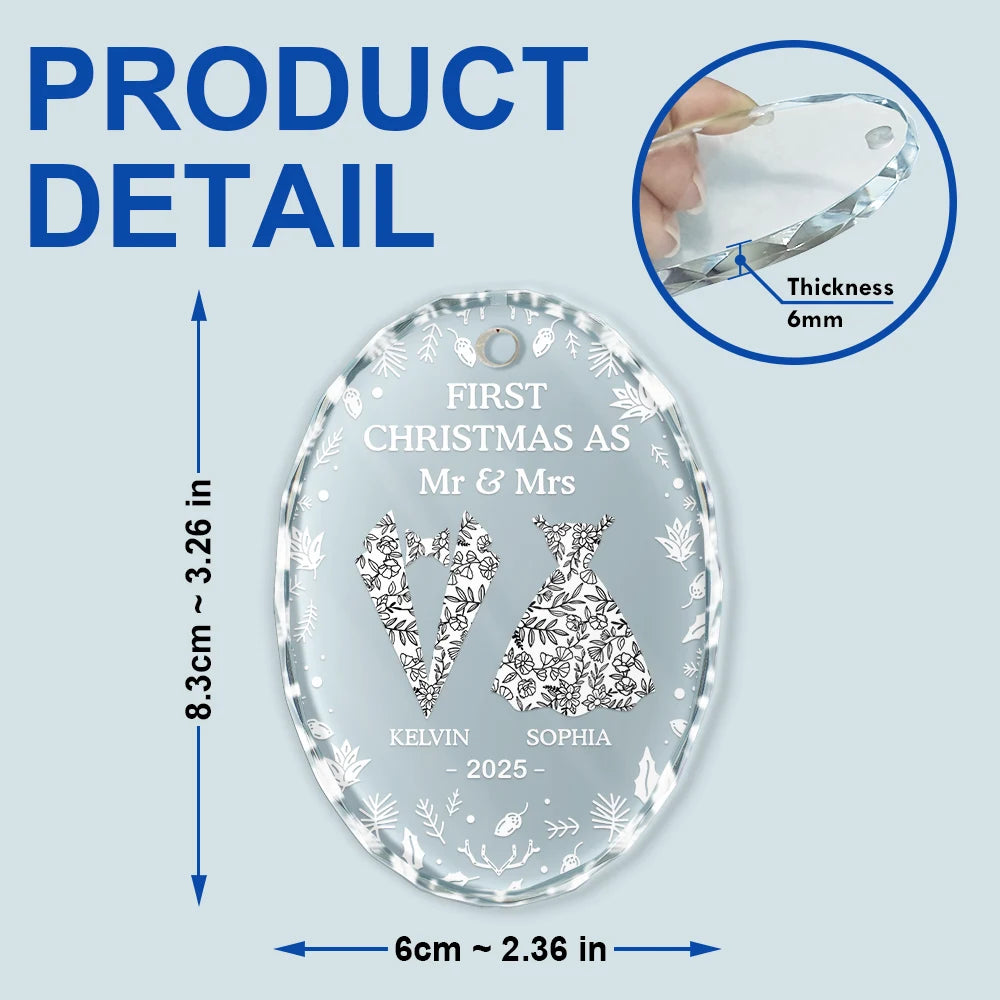 Love, Christmas, Gift For Wife, Gift For Husband, Gift For Couples, Married, Engaged, Wedding - First Christmas As Mr & Mrs - Personalized Oval Glass Ornament